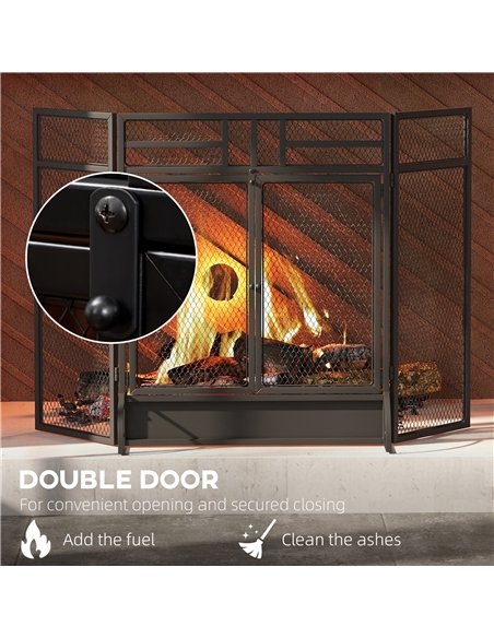 HOMCOM 3-Panel Folding Fireplace Screen with Door, Freestanding Spark Guard, Metal Mesh Fireguard, Black