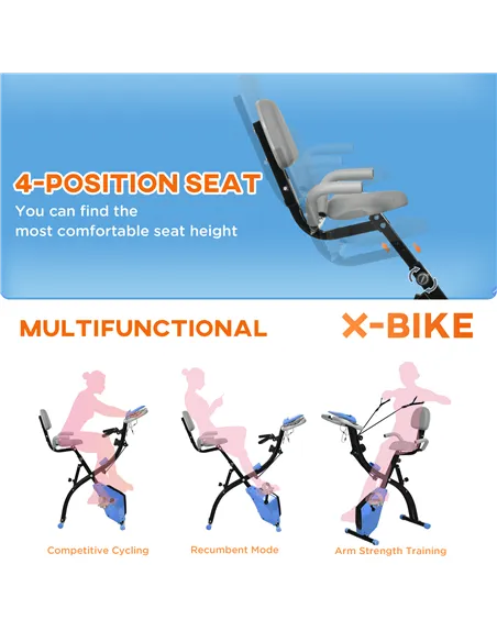 HOMCOM 2-in-1 Folding Exercise Bike with 8-Level Magnetic Resistance, Arm Resistance Band, Pulse Sensor, Blue