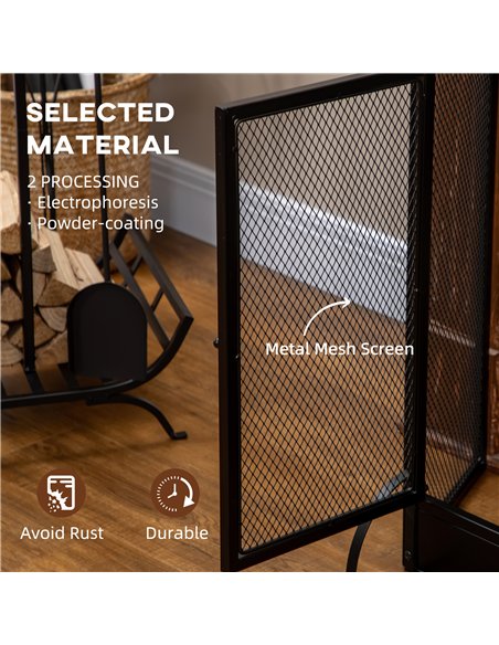 HOMCOM 3-Panel Folding Fireplace Screen with Door, Freestanding Spark Guard, Metal Mesh Fireguard, Black