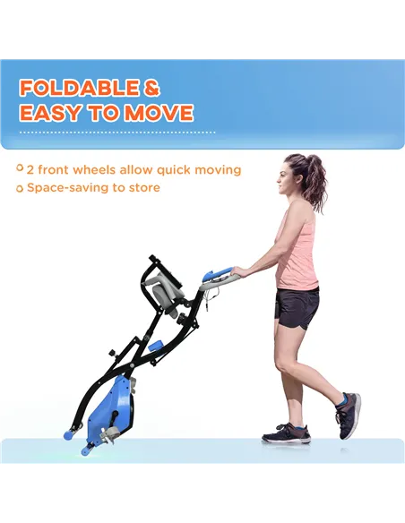 HOMCOM 2-in-1 Folding Exercise Bike with 8-Level Magnetic Resistance, Arm Resistance Band, Pulse Sensor, Blue