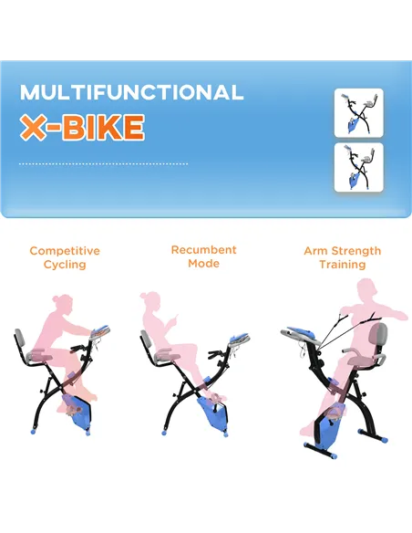 HOMCOM 2-in-1 Folding Exercise Bike with 8-Level Magnetic Resistance, Arm Resistance Band, Pulse Sensor, Blue