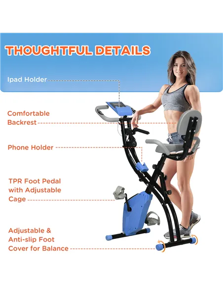 HOMCOM 2-in-1 Folding Exercise Bike with 8-Level Magnetic Resistance, Arm Resistance Band, Pulse Sensor, Blue