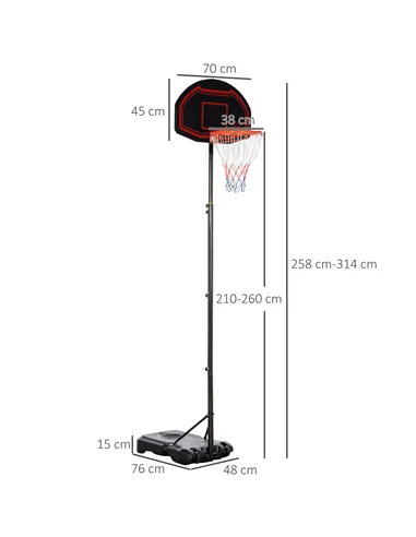 HOMCOM Basketball Hoop Stand Portable Adjustable Height 2.1-2.6m w/ Wheels, Sturdy Rim Stable Base, Black