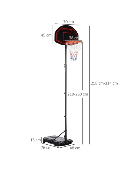 HOMCOM Basketball Hoop Stand Portable Adjustable Height 2.1-2.6m w/ Wheels, Sturdy Rim Stable Base, Black