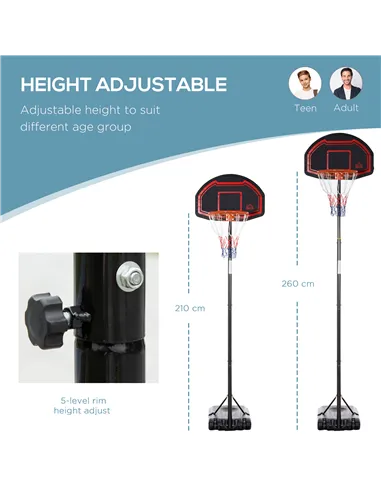 HOMCOM Basketball Hoop Stand Portable Adjustable Height 2.1-2.6m w/ Wheels, Sturdy Rim Stable Base, Black