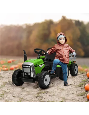 HOMCOM Ride On Tractor, Battery Powered Electric Car, with Detachable Trailer, Remote Control, Music - Green