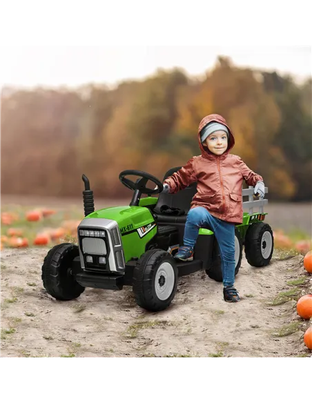 HOMCOM Ride On Tractor, Battery Powered Electric Car, with Detachable Trailer, Remote Control, Music - Green