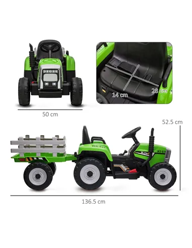 HOMCOM Ride On Tractor, Battery Powered Electric Car, with Detachable Trailer, Remote Control, Music - Green