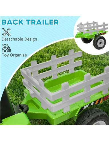 HOMCOM Ride On Tractor, Battery Powered Electric Car, with Detachable Trailer, Remote Control, Music - Green