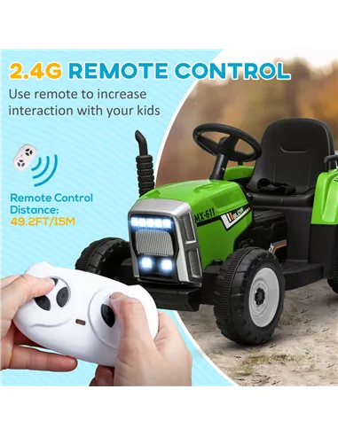 HOMCOM Ride On Tractor, Battery Powered Electric Car, with Detachable Trailer, Remote Control, Music - Green