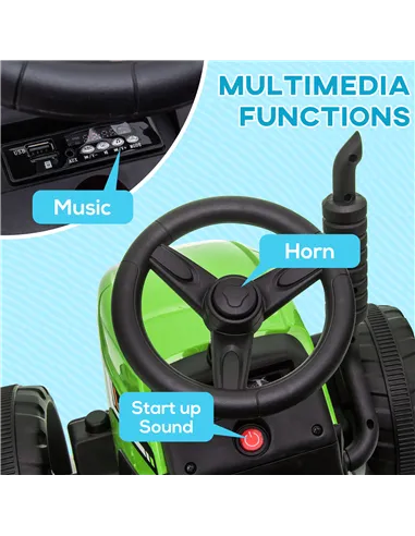 HOMCOM Ride On Tractor, Battery Powered Electric Car, with Detachable Trailer, Remote Control, Music - Green
