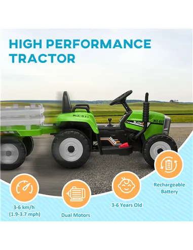 HOMCOM Ride On Tractor, Battery Powered Electric Car, with Detachable Trailer, Remote Control, Music - Green