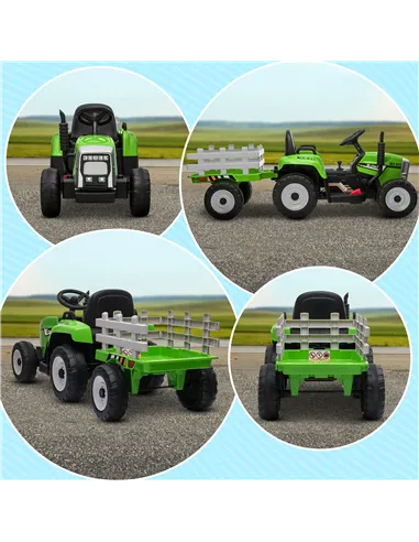 HOMCOM Ride On Tractor, Battery Powered Electric Car, with Detachable Trailer, Remote Control, Music - Green