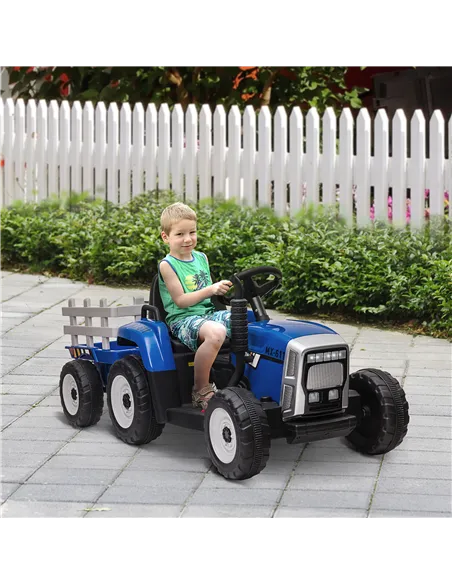 HOMCOM Ride On Tractor, Battery Powered Electric Car, with Detachable Trailer, Remote Control, Music - Blue