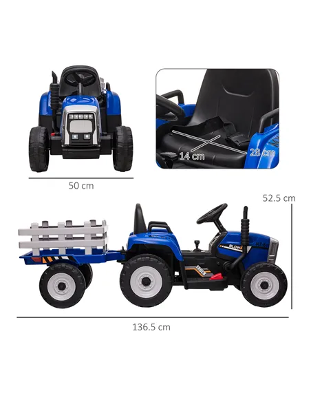 HOMCOM Ride On Tractor, Battery Powered Electric Car, with Detachable Trailer, Remote Control, Music - Blue