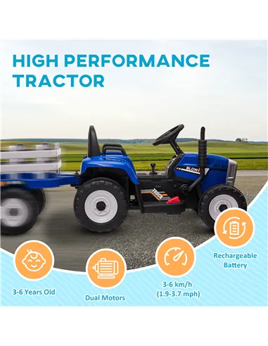 HOMCOM Ride On Tractor, Battery Powered Electric Car, with Detachable Trailer, Remote Control, Music - Blue