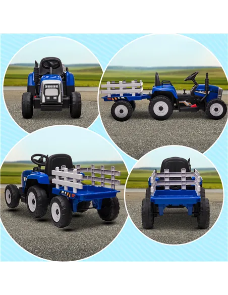 HOMCOM Ride On Tractor, Battery Powered Electric Car, with Detachable Trailer, Remote Control, Music - Blue
