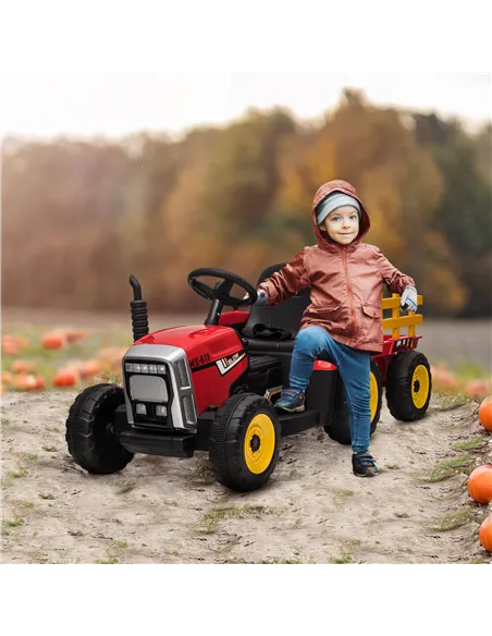 HOMCOM Ride On Tractor, Battery Powered Electric Car, with Detachable Trailer, Remote Control, Music - Red