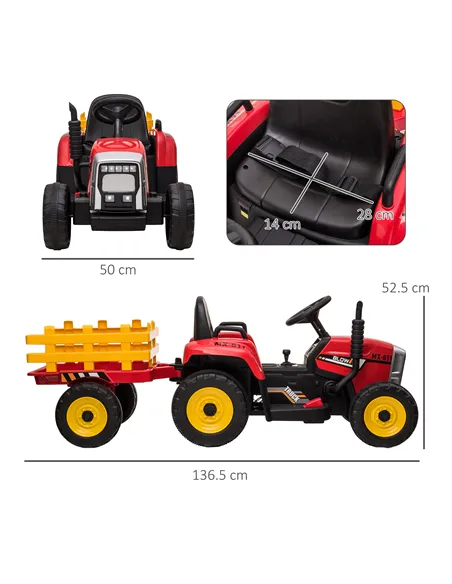 HOMCOM Ride On Tractor, Battery Powered Electric Car, with Detachable Trailer, Remote Control, Music - Red