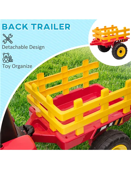 HOMCOM Ride On Tractor, Battery Powered Electric Car, with Detachable Trailer, Remote Control, Music - Red