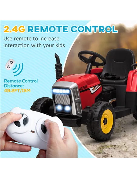HOMCOM Ride On Tractor, Battery Powered Electric Car, with Detachable Trailer, Remote Control, Music - Red