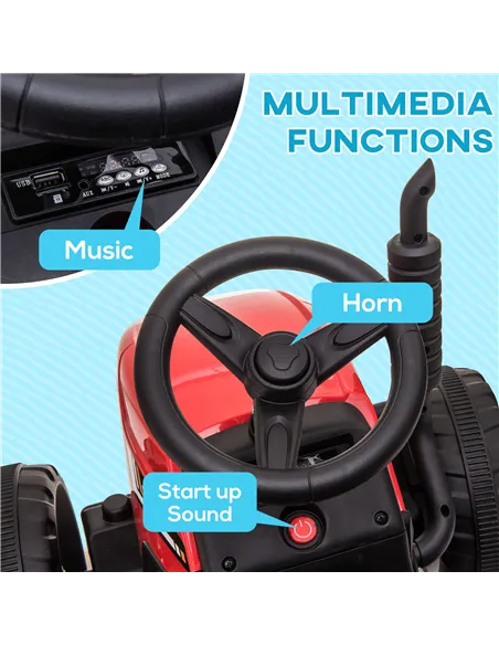 HOMCOM Ride On Tractor, Battery Powered Electric Car, with Detachable Trailer, Remote Control, Music - Red