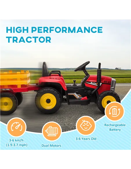 HOMCOM Ride On Tractor, Battery Powered Electric Car, with Detachable Trailer, Remote Control, Music - Red