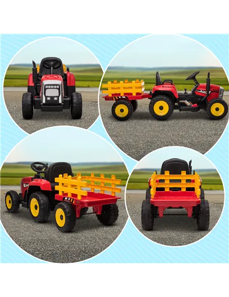 HOMCOM Ride On Tractor, Battery Powered Electric Car, with Detachable Trailer, Remote Control, Music - Red