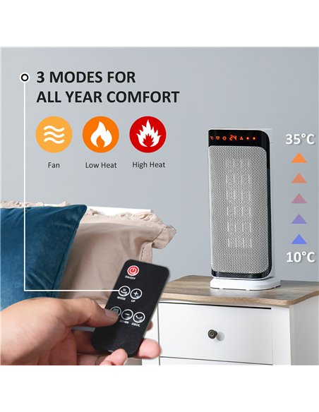 HOMCOM 2000W Electric Heater, PTC Ceramic Portable Fan Heater with Overheating & Tip-Over Protection, 8H Timer, 45° Oscillating 