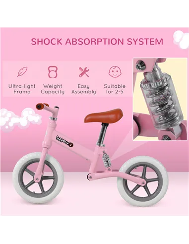 HOMCOM 12" Kids Balance Bike No Pedal Bicycle EVA Tire Adjustable Seat Toddler Training Bike W/ Shock Absorber 2 - 5 Years Gift 