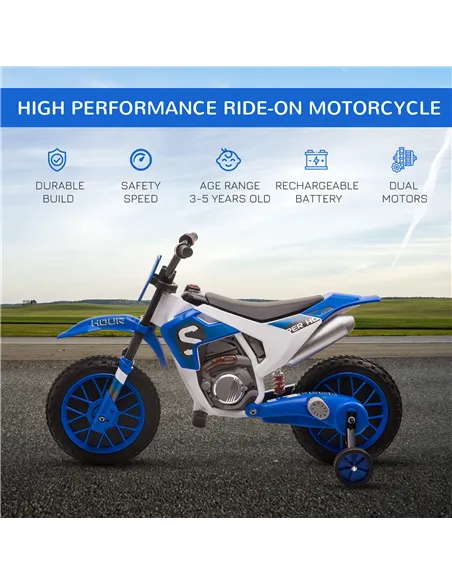 HOMCOM 12V Kids Electric Motorcycle Ride-On, with Training Wheels, for Ages 3-6 Years - Blue
