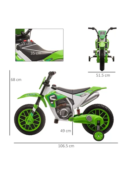 HOMCOM 12V Kids Electric Motorcycle Ride-On, with Training Wheels, for Ages 3-6 Years - Green