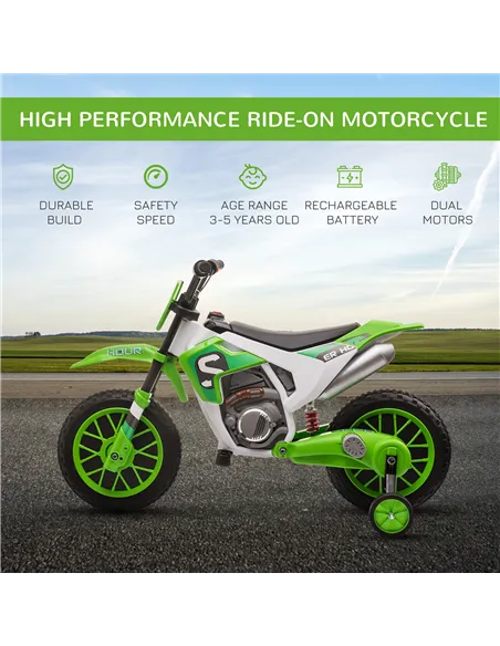 HOMCOM 12V Kids Electric Motorcycle Ride-On, with Training Wheels, for Ages 3-6 Years - Green