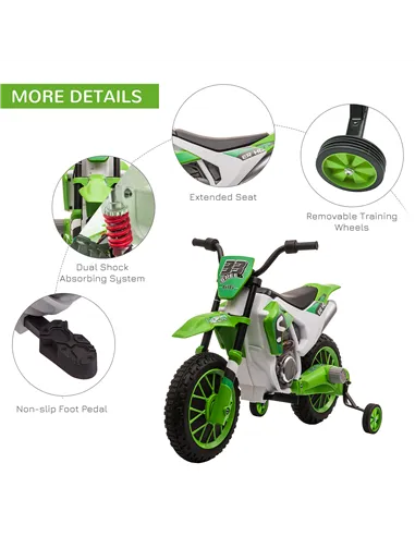 HOMCOM 12V Kids Electric Motorcycle Ride-On, with Training Wheels, for Ages 3-6 Years - Green
