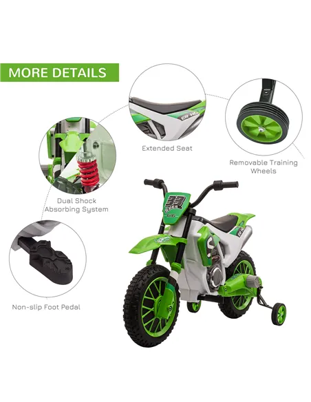 HOMCOM 12V Kids Electric Motorcycle Ride-On, with Training Wheels, for Ages 3-6 Years - Green