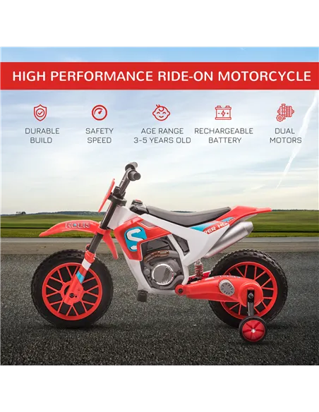 HOMCOM 12V Kids Electric Motorcycle Ride-On, with Training Wheels, for Ages 3-6 Years - Red