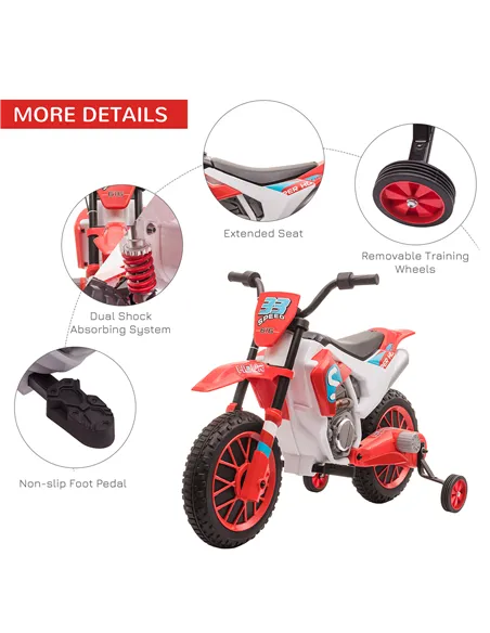 HOMCOM 12V Kids Electric Motorcycle Ride-On, with Training Wheels, for Ages 3-6 Years - Red