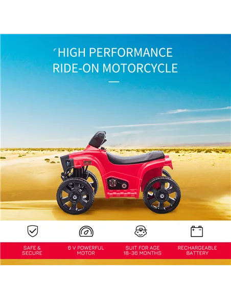 HOMCOM 6V Kids Electric Ride on Car, ATV Toy, Quad Bike with Headlights, Horn, for Toddlers 18-36 Months Red