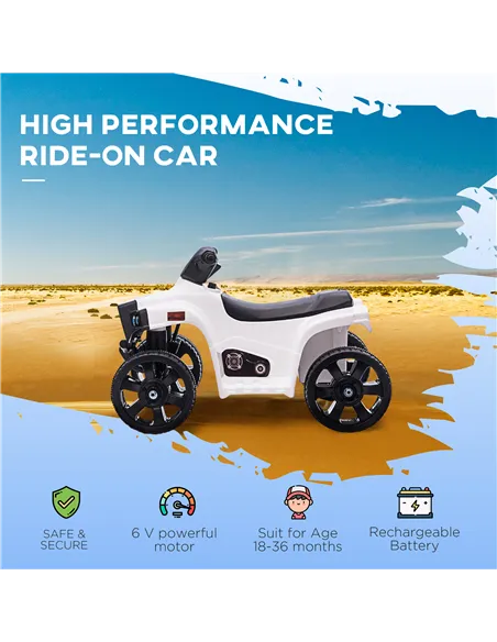 HOMCOM 6V Kids Electric Ride on Car, ATV Toy, Quad Bike with Headlights, Horn, for Toddlers 18-36 Months White