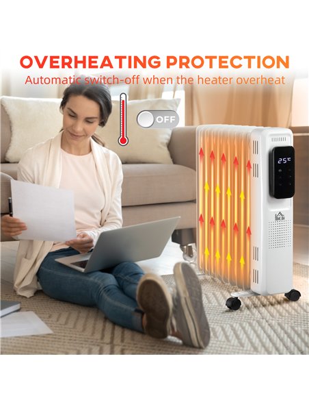 HOMCOM 2000W Oil Filled Radiator, 9 Fin Portable Electric Heater with LED Display, 24H Timer, 3 Heat Settings, Adjustable Thermo