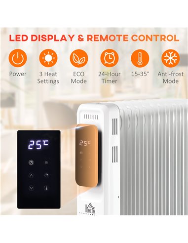 HOMCOM 2000W Oil Filled Radiator, 9 Fin Portable Electric Heater with LED Display, 24H Timer, 3 Heat Settings, Adjustable Thermo