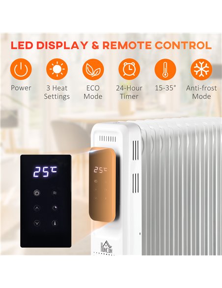 HOMCOM 2000W Oil Filled Radiator, 9 Fin Portable Electric Heater with LED Display, 24H Timer, 3 Heat Settings, Adjustable Thermo