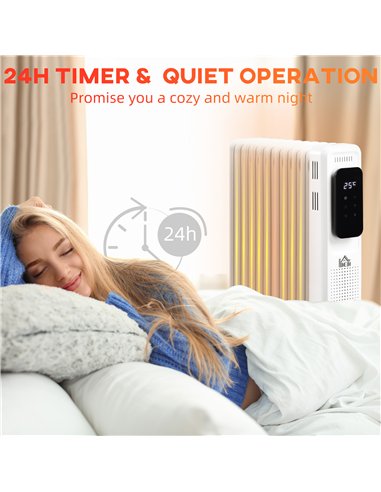 HOMCOM 2000W Oil Filled Radiator, 9 Fin Portable Electric Heater with LED Display, 24H Timer, 3 Heat Settings, Adjustable Thermo