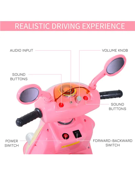 HOMCOM Kids Electric Ride On Toy Car 6V Electric Motorbike with Chargeable Battery Headlight and Music for 3-5 Years - Pink