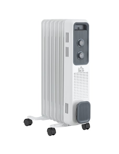 HOMCOM 1500W Oil Filled Radiator, 7 Fin, Portable Electric Heater with 3 Heat Settings, Safety Cut-Off and Wheels, White