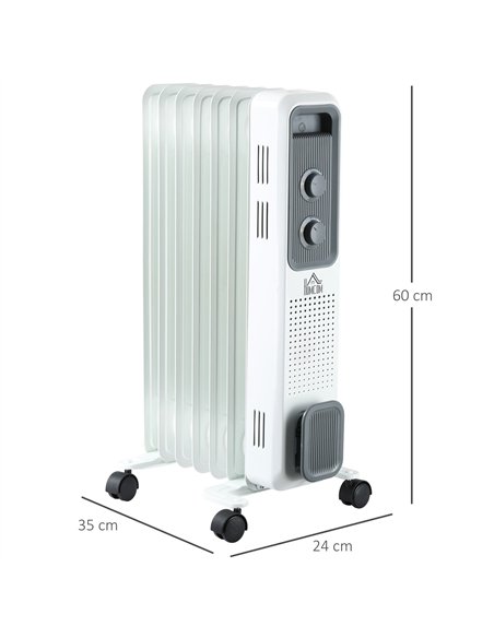 HOMCOM 1500W Oil Filled Radiator, 7 Fin, Portable Electric Heater with 3 Heat Settings, Safety Cut-Off and Wheels, White