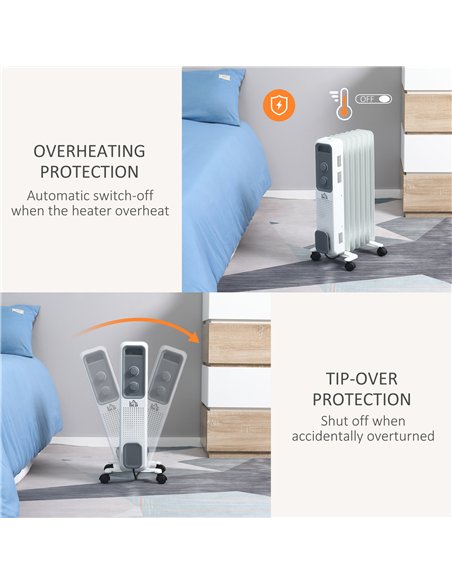 HOMCOM 1500W Oil Filled Radiator, 7 Fin, Portable Electric Heater with 3 Heat Settings, Safety Cut-Off and Wheels, White