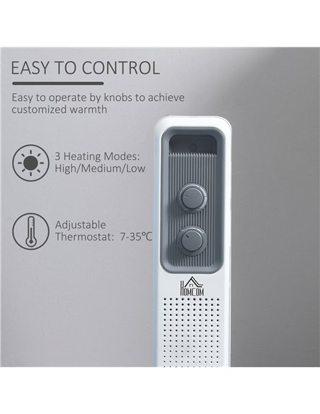 HOMCOM 1500W Oil Filled Radiator, 7 Fin, Portable Electric Heater with 3 Heat Settings, Safety Cut-Off and Wheels, White