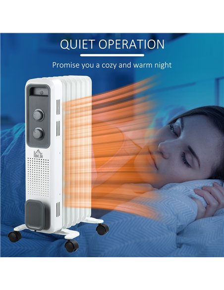 HOMCOM 1500W Oil Filled Radiator, 7 Fin, Portable Electric Heater with 3 Heat Settings, Safety Cut-Off and Wheels, White