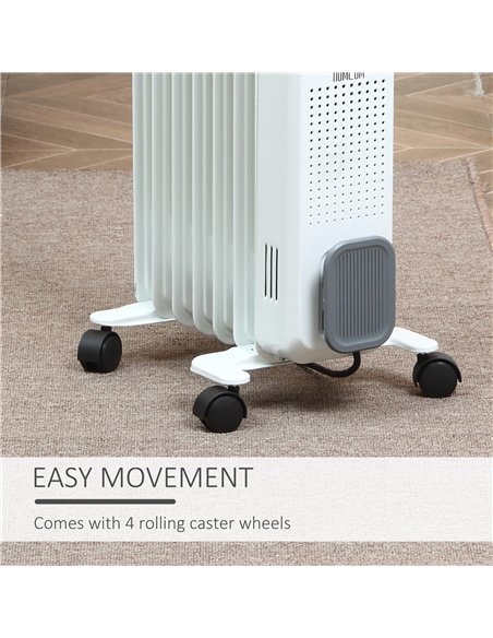 HOMCOM 1500W Oil Filled Radiator, 7 Fin, Portable Electric Heater with 3 Heat Settings, Safety Cut-Off and Wheels, White